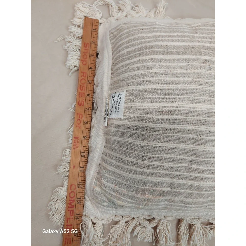Vintage Hand Woven Cotton Pillow  Fringe India Throw Cushion Pilzer Bros Neutral